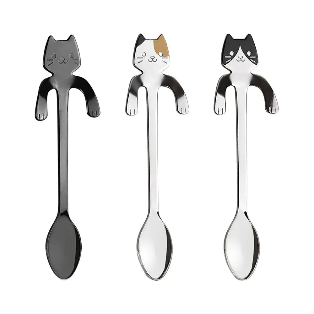 

Hot sale coffee spoon Mini 304 Stainless Steel Cartoon Cat Spoon Long Handle Flatware Coffee Drinking Tools Kitchen Gadget