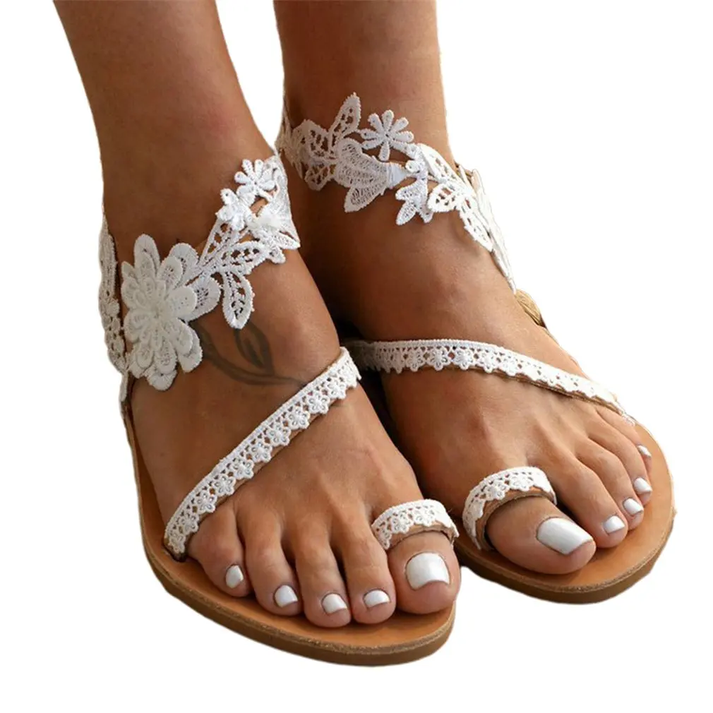

Summer Sandals Women's Flat Sandals Solid Color Lace Open Toe Wedding Plus Size 35-43