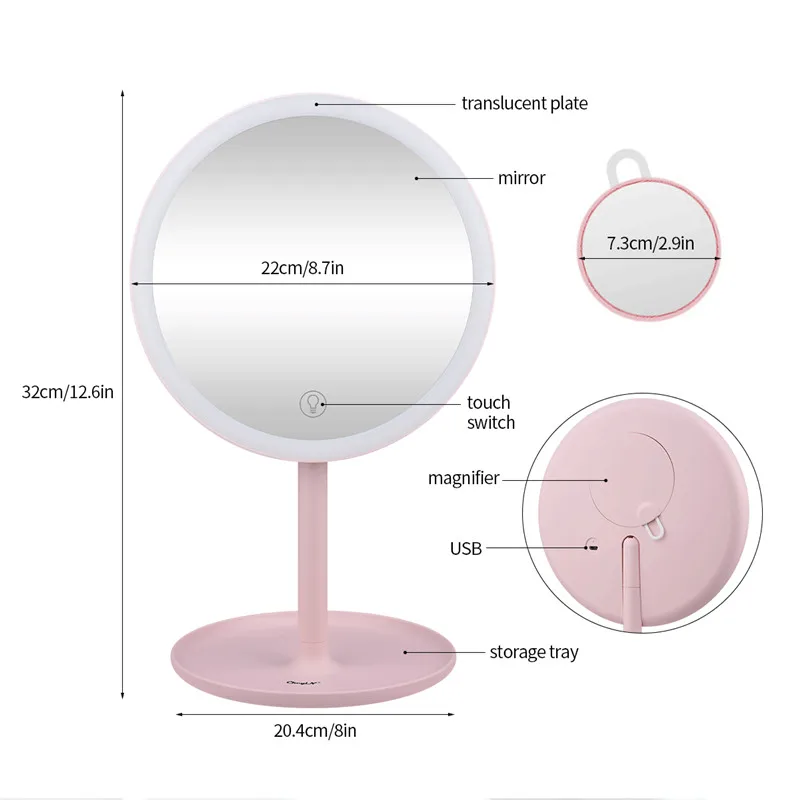 

CkeyiN LED Makeup Mirror Touch Screen Dimmable Cosmetic Mirror Rechargeable 5Xmagnification Round Vanity Mirror Adjustable Angle