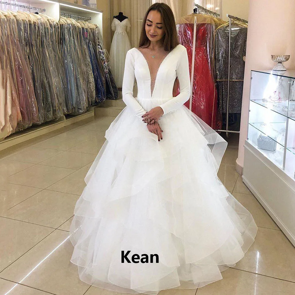 

Deep-V Wedding Dress Full Sleeve Tiered Ruffle A-Line Backless Dubai Arabic Simple Robe De Mariee Custom Made New Plus Size