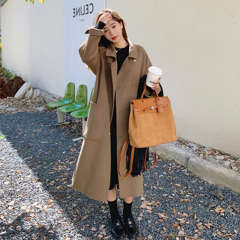 

2021 New khaki double-sided cashmere 51-70%Wool coat women's autumn winter temperament knee-length mid-length woolen coat K920