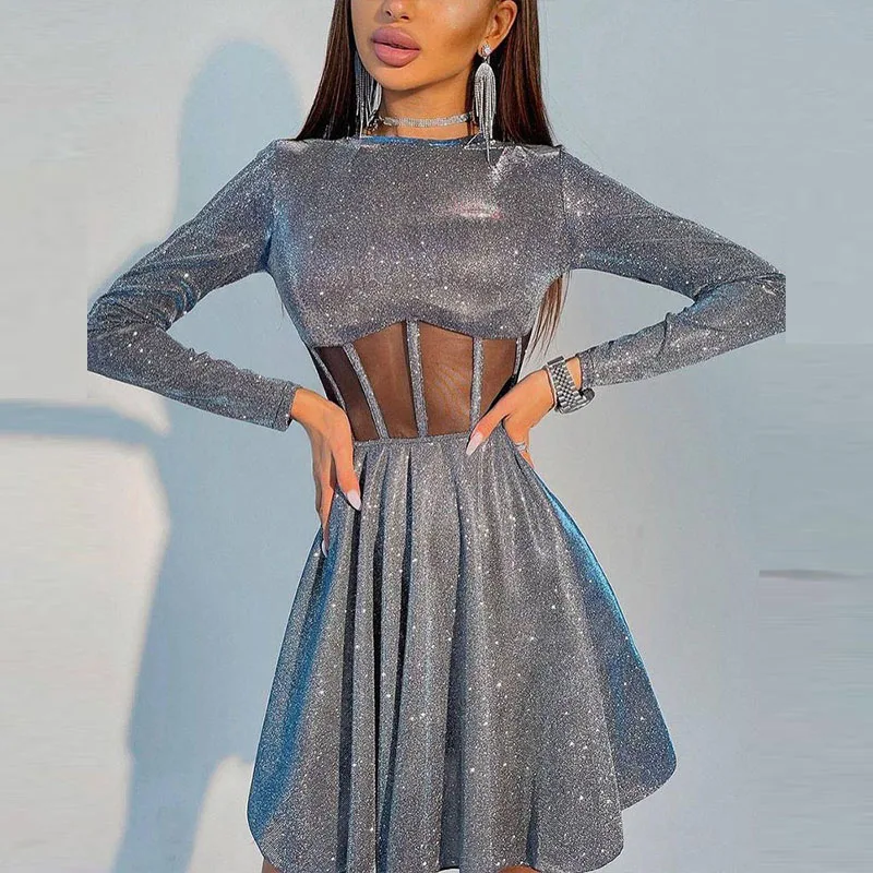

Elegant Waist Hollow Out Mesh Stripe Mini Dress 2021 Fashion Sexy New Shiny Bright Fluffy Dress Women Pleated Ruffle Party Dress