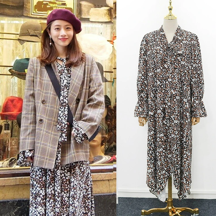 

Kpop Japan Celebrity fashion V-Neck Chiffon Floral Dress Women Autumn Long Sleeved Sexy Party Casual Beach style Vintage Dresses