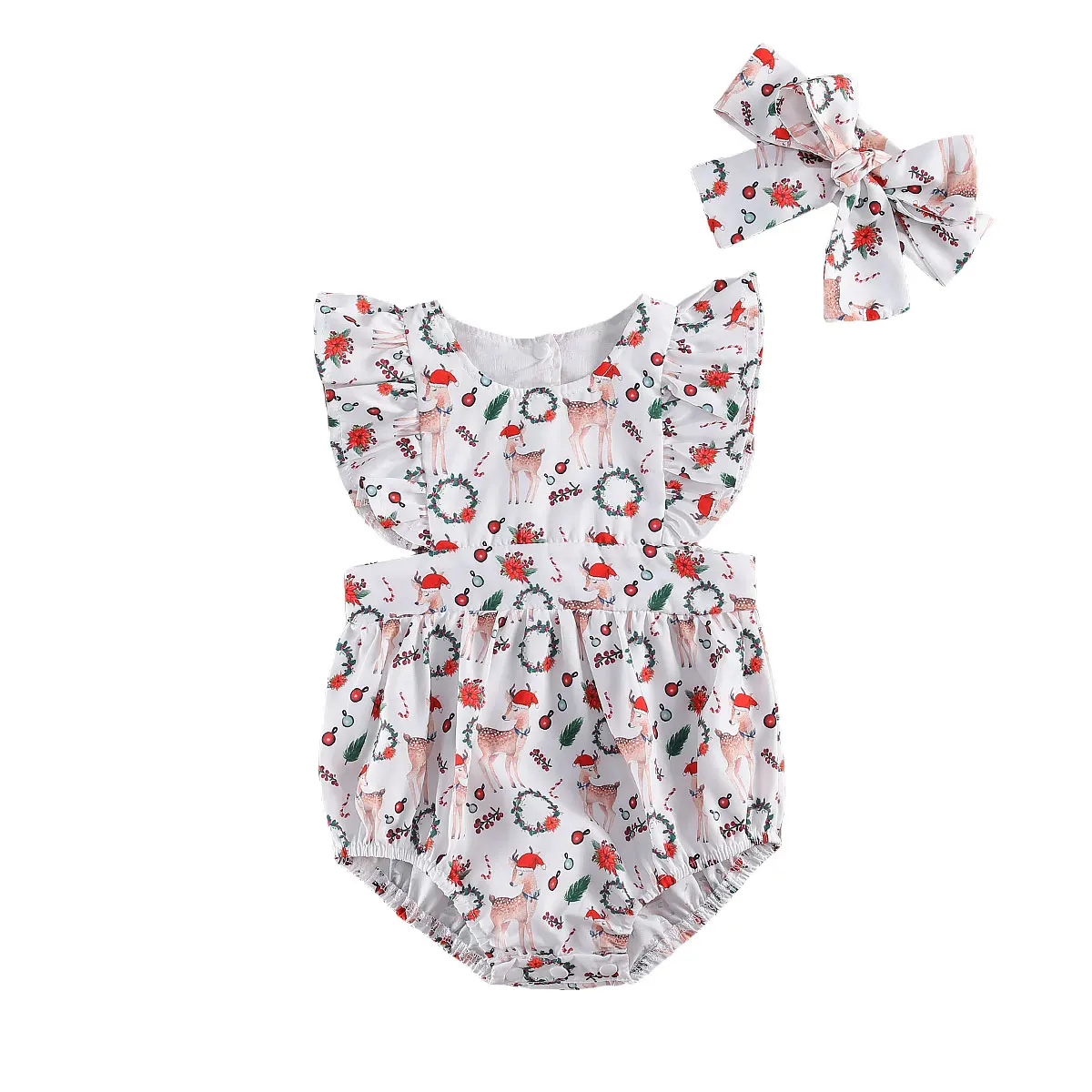 

Рождественский комбинезон для маленьких девочек с цветочным принтом, платье с круглым вырезом и рукавами-фонариками/Детский комбинезон с п...