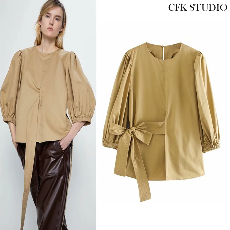 Женская блузка с круглым вырезом ZA однотонная Повседневная Свободная рубашка