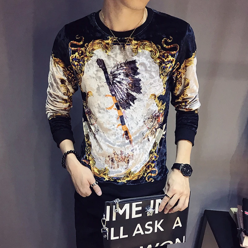 Vintage T Shirts Men Printing T Shirt Homme Club Outfit Men Long Sleeve O Neck Velvet T Shirt Autumn Luxury Men T Shirt