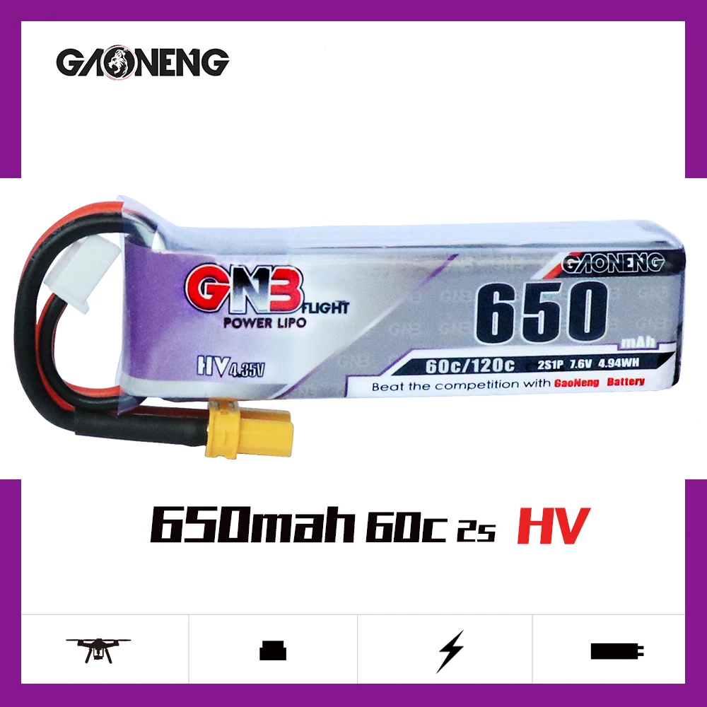 

Gaoneng GNB 2S1P 650mAh 7.6V 60C/120C HV 4.35V Lipo Battery With XT30 Plug For Happymodel FPV Racing Cine Whoop BetaFPV Drone