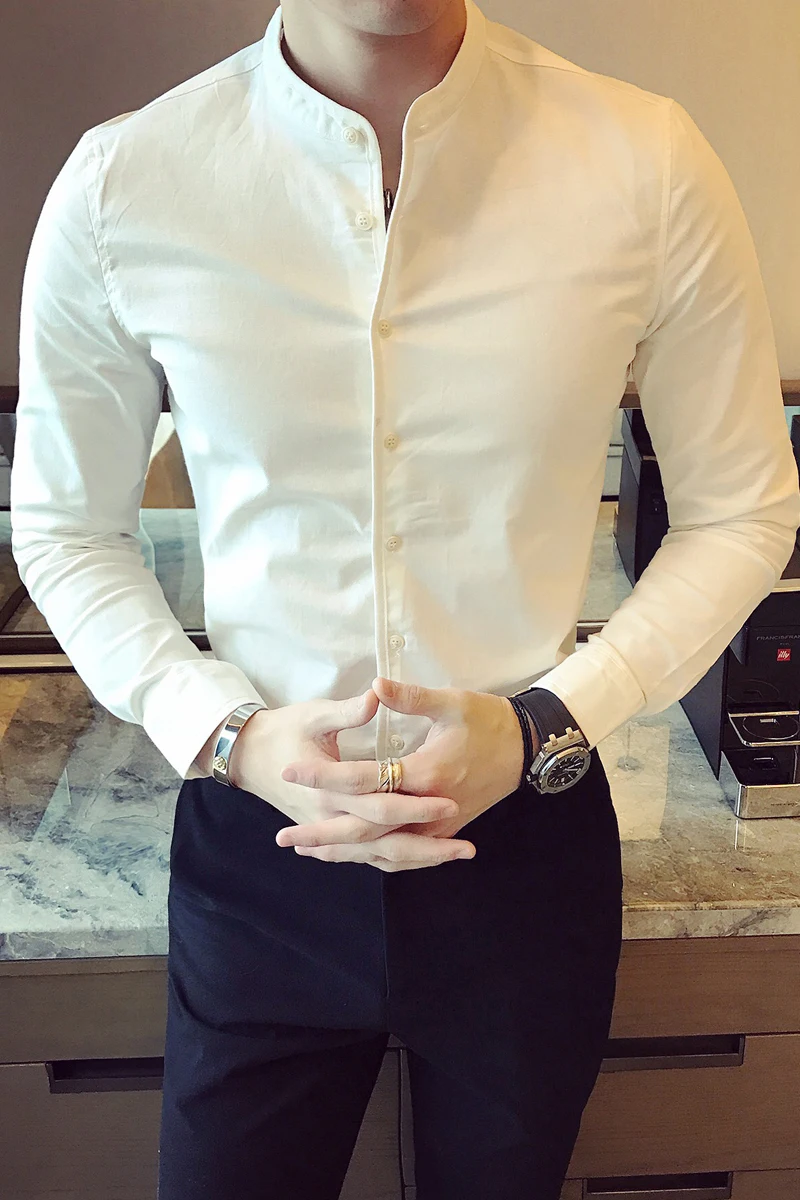 

High Quality Men Black Casual Shirt Long Sleeve White Dress Shirts Slim Fit Male Stand Collar 2021 Spring Solid Color Blouse