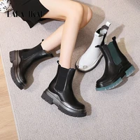 lala ikai autumn genuine leather colored thick bottom motor boots women british slip on short knight boot runway flat ankle boot