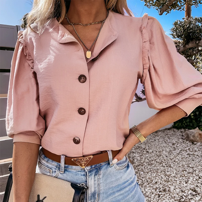

Sexy Single-Breasted V Neck Women Shirts Spring Summer New Loose Solid Casual Blouses Fashion Ruffle Long Sleeve Tops Blusas XXL