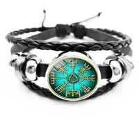hot fashion viking badge black leather bracelet glass convex snap button friends family gift