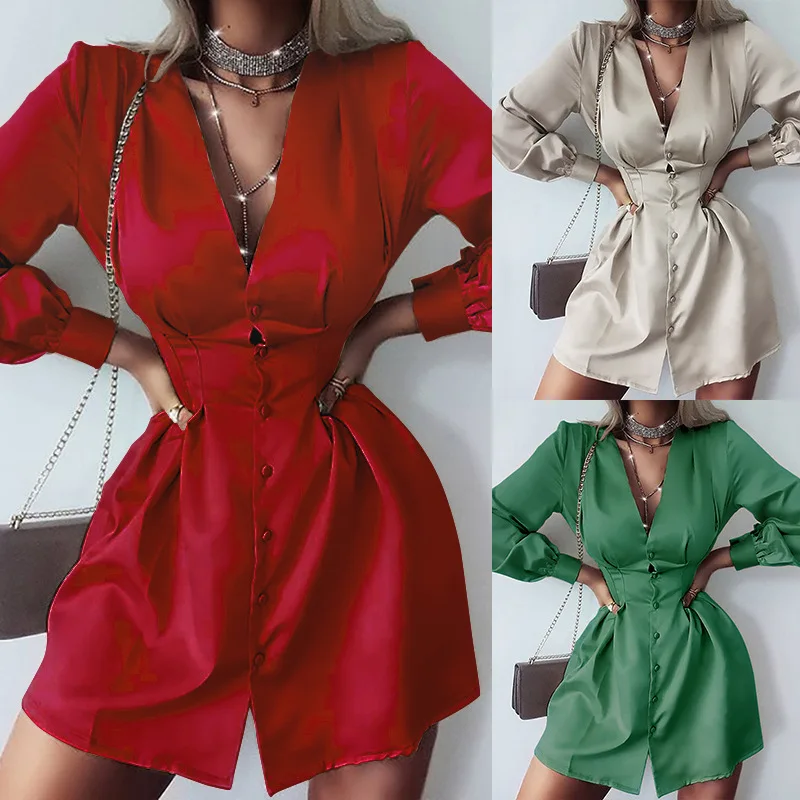 2021 autumn new hot-selling solid color V-neck single-breasted dress women's clothing
