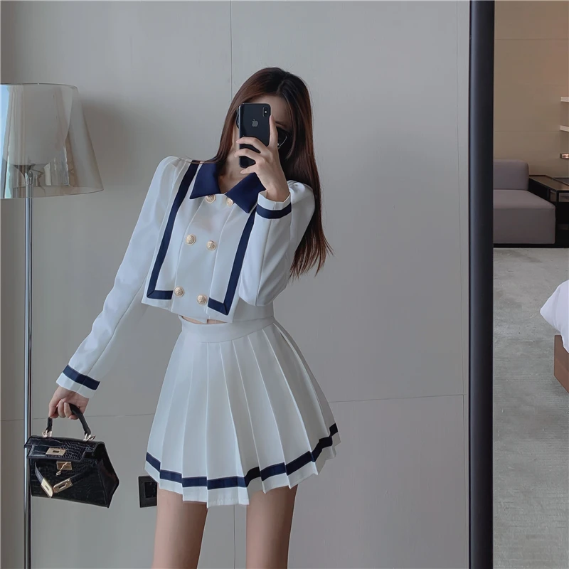 

2021 New Preppy Style Two-Piece Set Spring Short Coat Jacket+High Waist Pleated Skirt Women Elegant Temperament Chic Women Suit