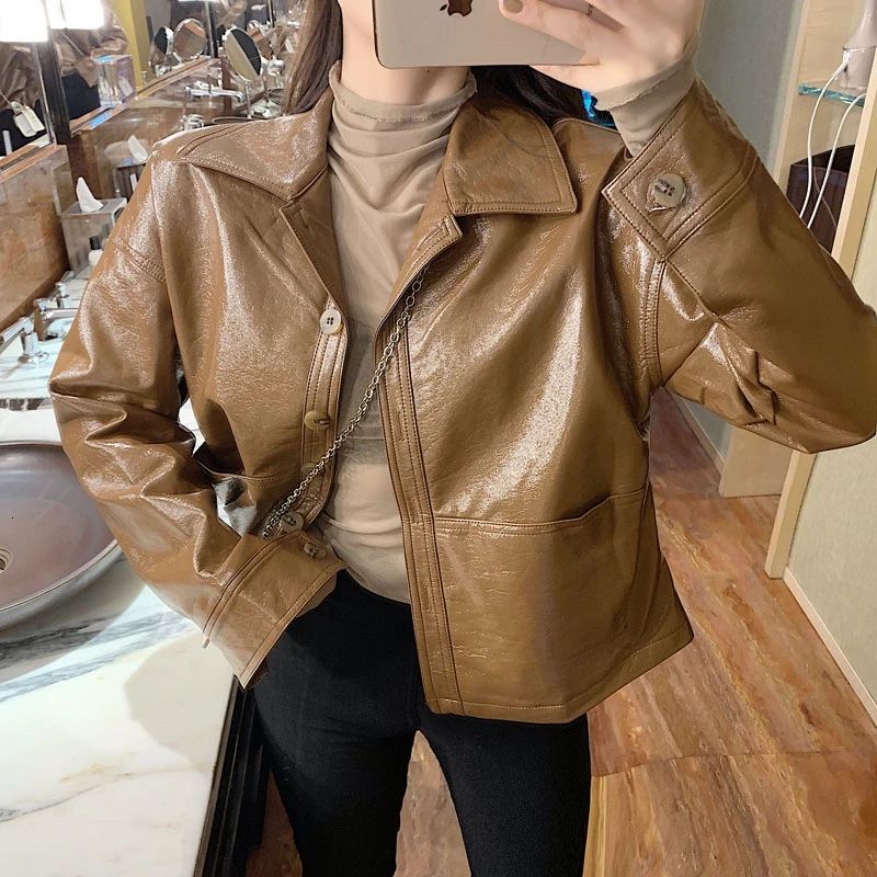 Женская винтажная куртка бомбер повседневная короткая из искусственной кожи с