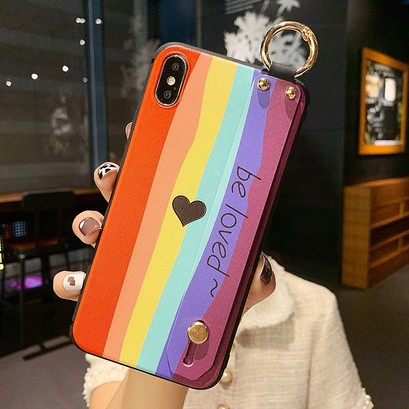 

sumkeymi Rainbow Heart Soft TPU Neck Wrist Strap Phone Holder Case For iphone 13 Pro Max 12 Pro Max 11 7 8 Plus mini X XS XR