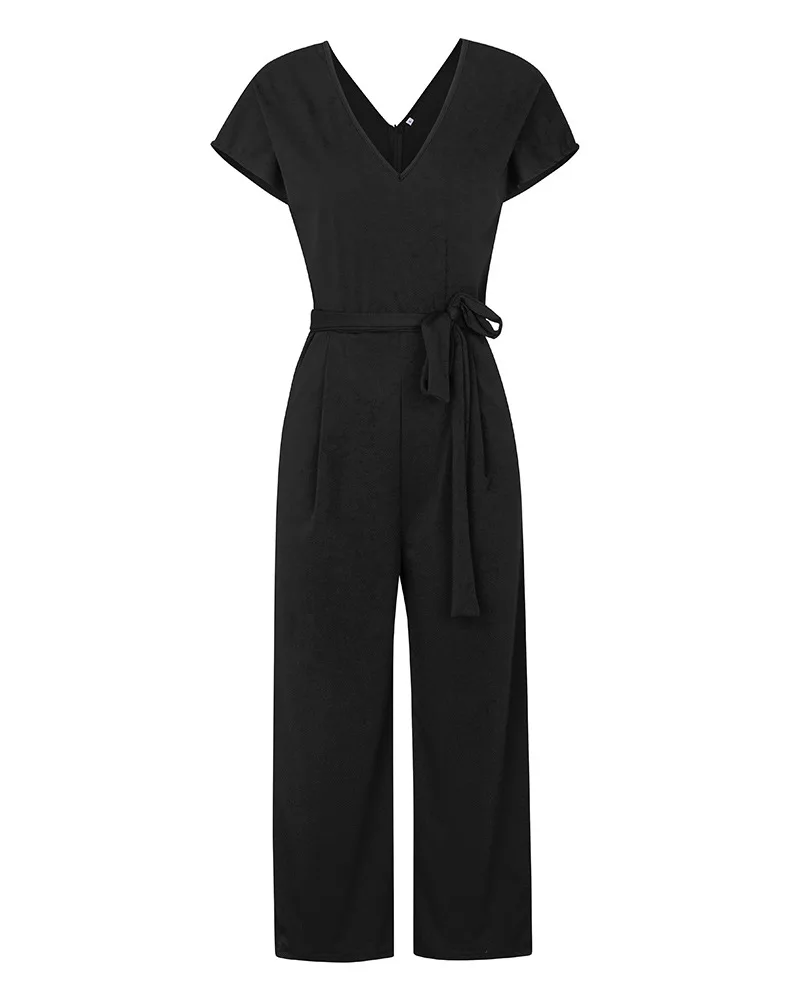 

2021 Summer Women Sexy Jumpsuits Elegant Fashion Short Sleeve V Neck Office lady Jumpsuit Solid Wide Leg Loose Long Pants