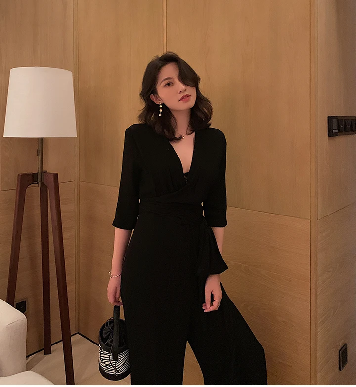 Женский комбинезон для работы и офиса модные сексуальные широкие штаны с поясом