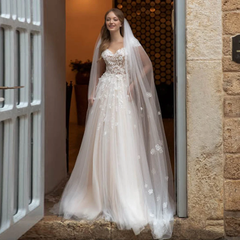 

Eightale Bohemian Wedding Dress Sweetheart Appliques Lace Cap Sleeves Tulle Wedding Gown Boho Bridal Dress vestido de noiva