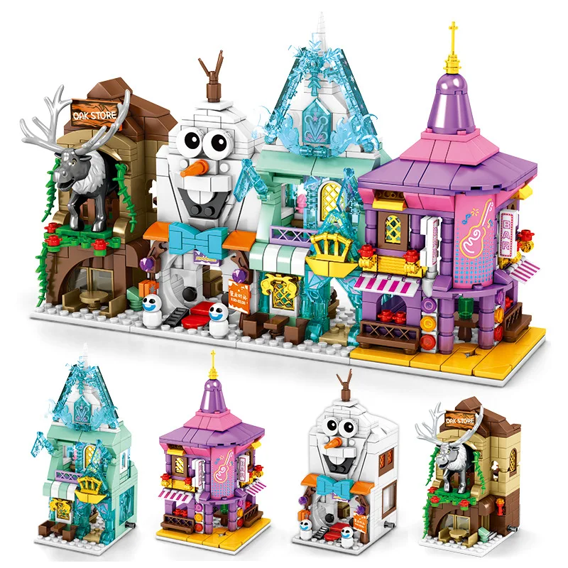 4pcs/lot Anime Cartoons Frozen Shop Store Street View Building Blocks Kit Bricks Classic Movie Model Kids Toys For Children Gift