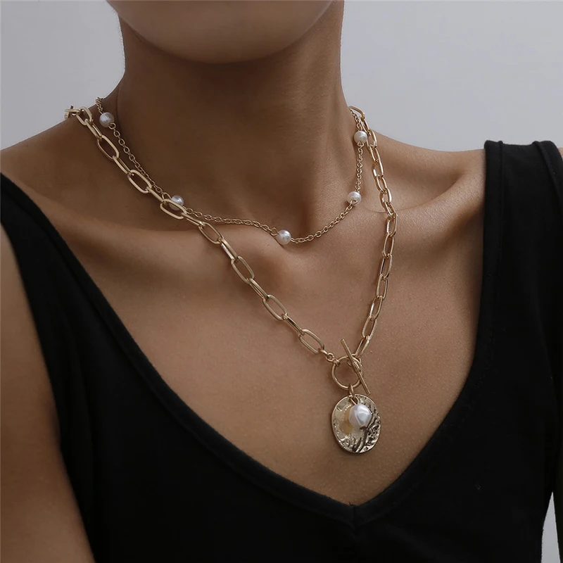 

Fashion Pearl Coin Pendant Choker Necklace for Women Wedding Party Punk Bead Lariat Gold Color Long Chain Necklace Jewelry Gift