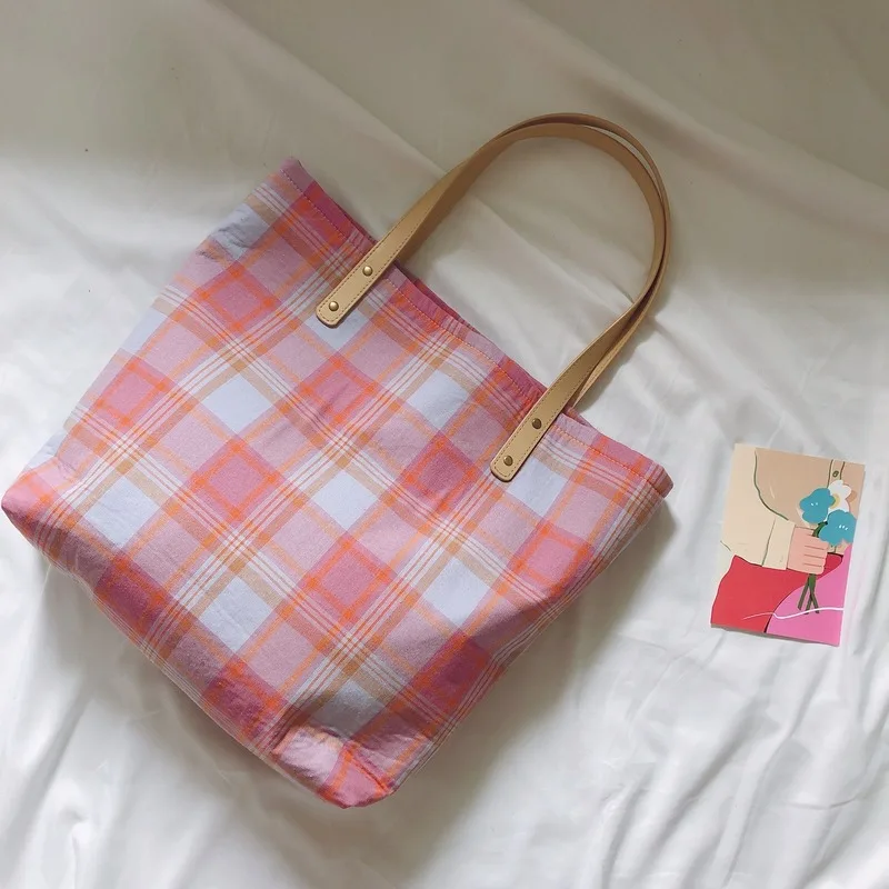 Художественная клетчатая тканевая сумка ручной работы Женская Хлопковая на