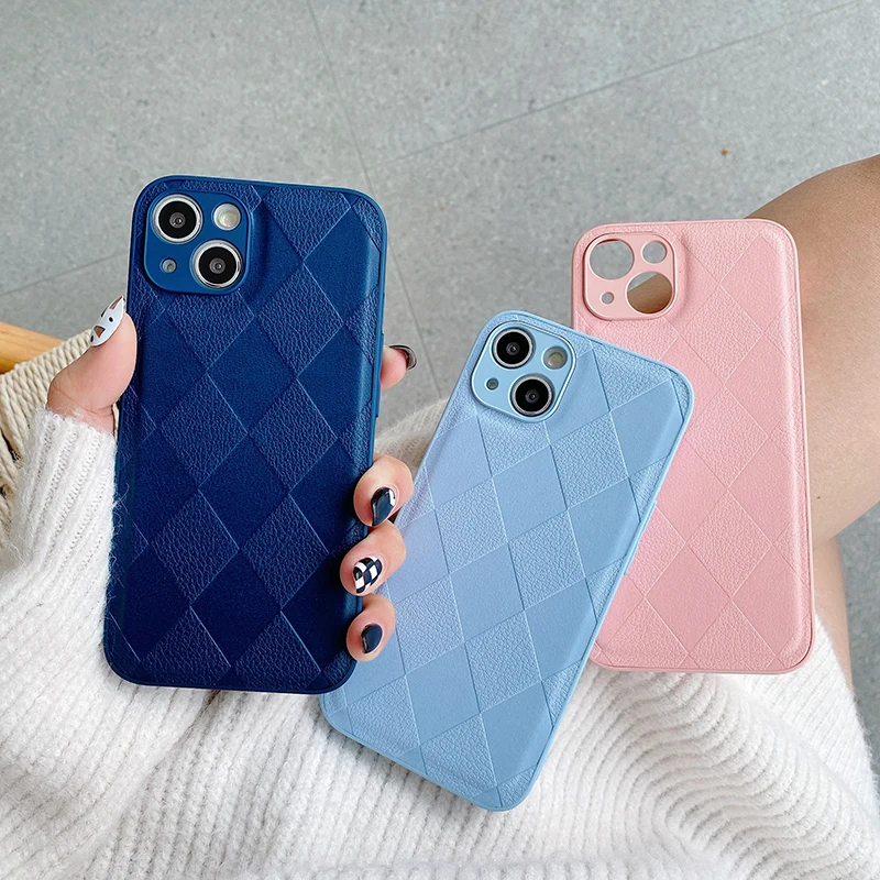 

Diamond Grid Leather Phone Case for IPhone 13 12 11 Pro Max XS XR X 7 8 Plus Lens Protection Cover Shockproof Cases Luxury Coque