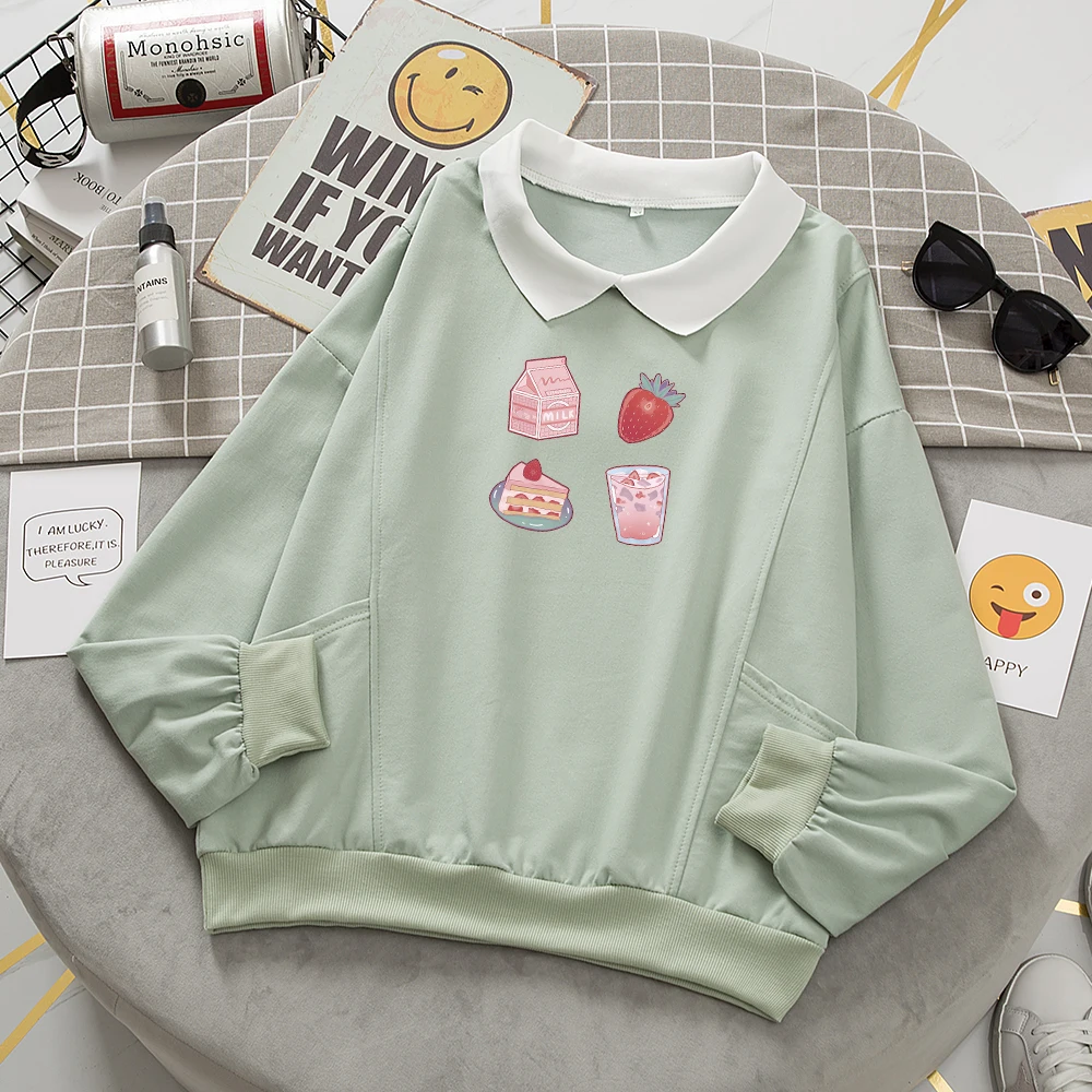 Kawaii Clothing Aesthetic Sweetshirt Strawberry Milk Hoodies Plus Size Woman Cutesy Japanese Women Turn-down Collar Sweatshirts