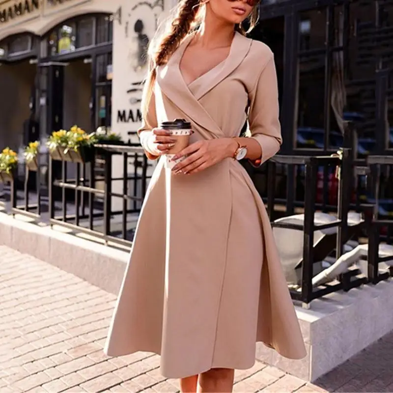 Женское винтажное офисное платье однотонное Повседневное с рукавом три четверти