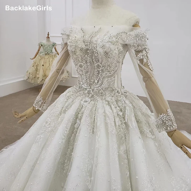 Роскошные свадебные платья принцессы с длинным рукавом Украшенные бусинами