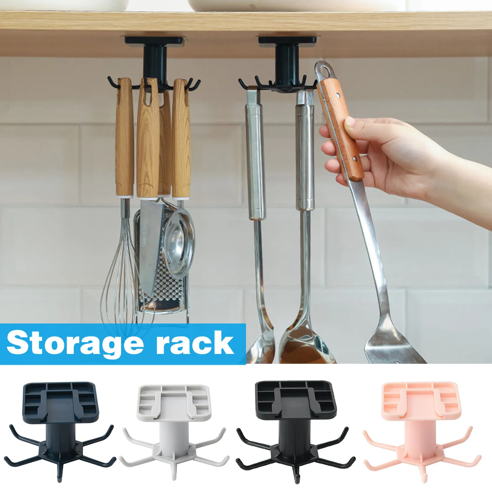 

Punch Free Organizer 360 Degree Rotatable Spoon Rack Kitchen Supplies Holder with 6 Hooks K888