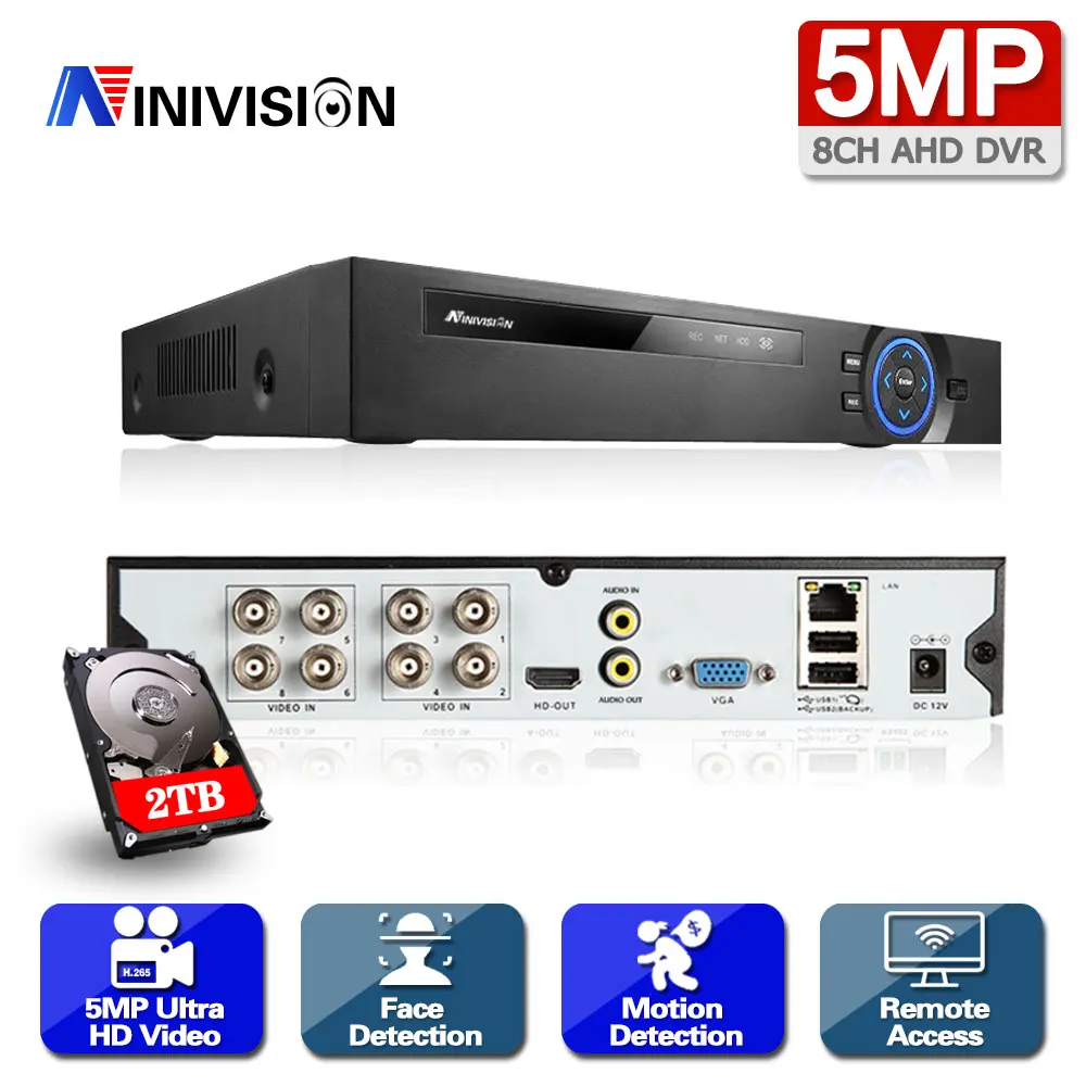 Видеорегистратор NINIVISION 8 каналов AHD H.265 + 5 МП 4 1080P | Безопасность и защита