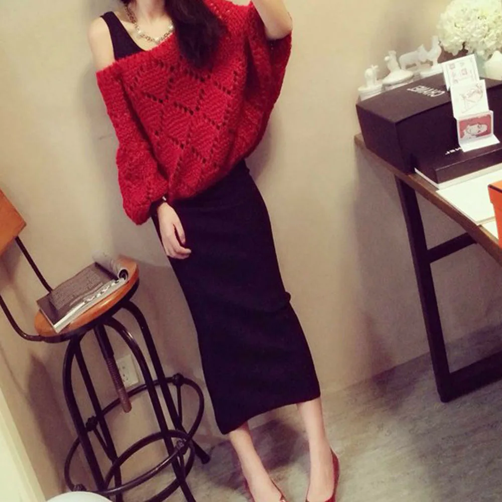 Женский трикотажный свитер красный и черный повседневный комплект из двух