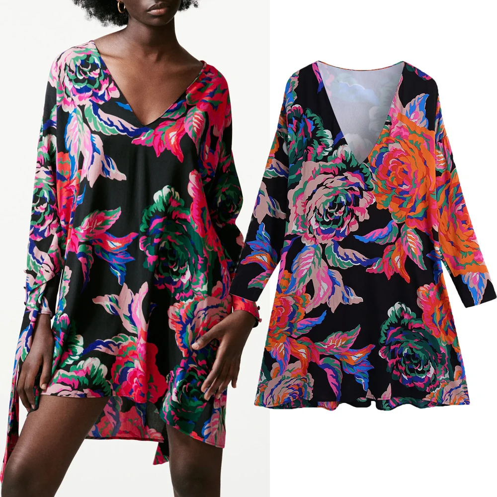 

Za Dress 2021 Women Vintage V Neck Floral Printed Mini Dress Ladies Fashion Chic Long Sleeve Evening Party Dress Streetwear