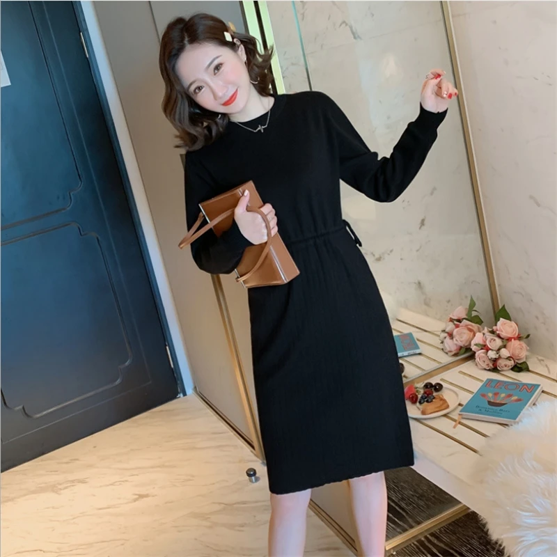 

New Maternity long section sweater dress Pregnant Women Fashion Drawstring Waist Breastfeeding Dress Pullover Bottoming Knitwear
