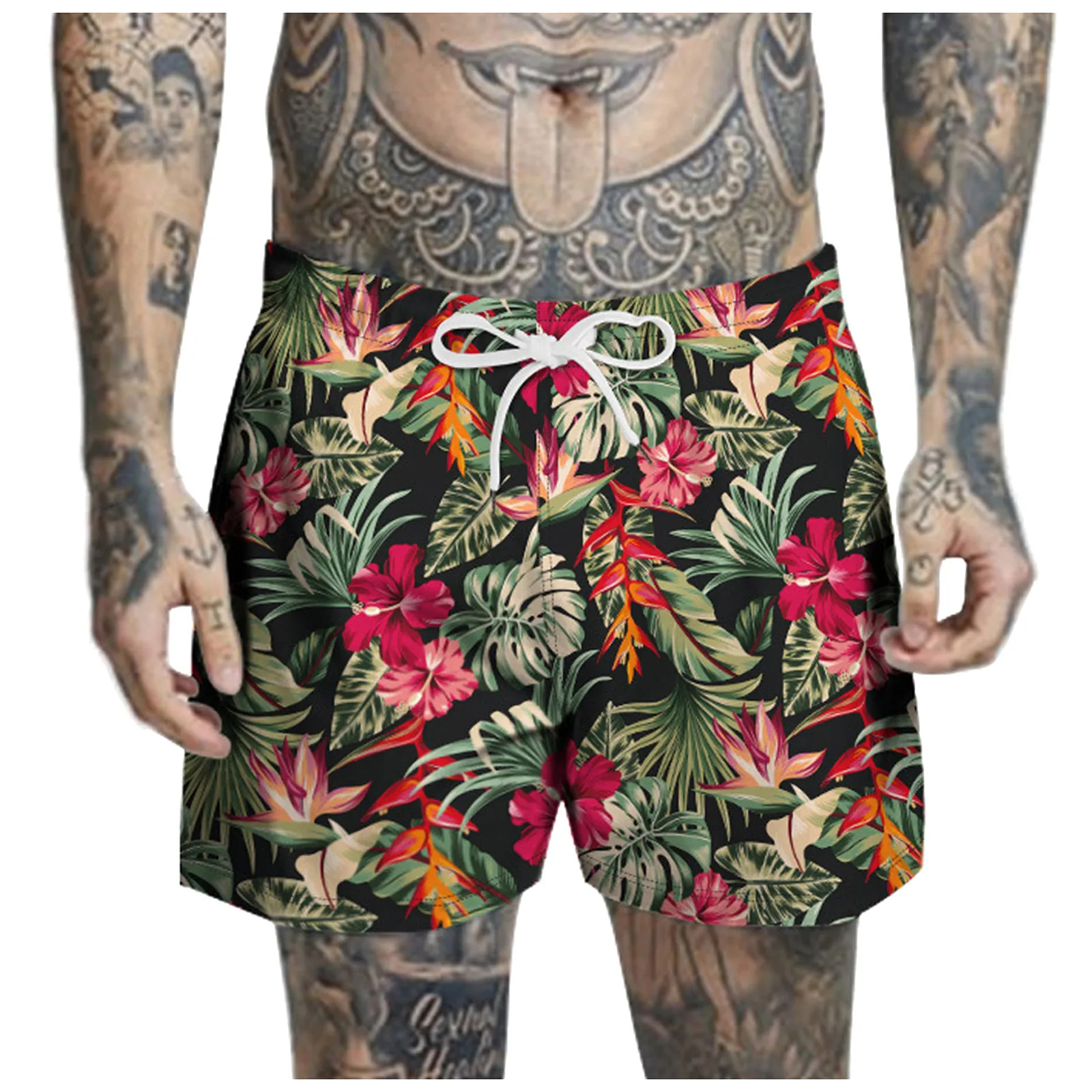 

Summer Beach Shorts Men's Drawstring Casual Flower Bamboo Printed Beach Work Casual Shorts Swimwear Bathing Short Pants 2021 m19