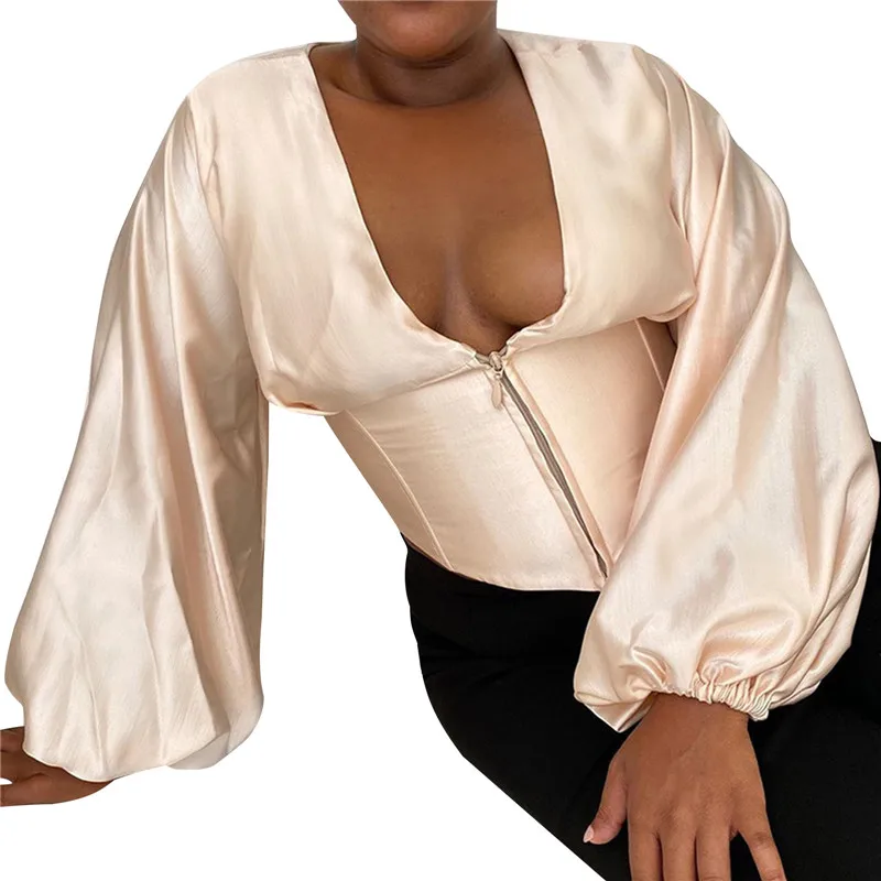 

Elegant V-neck Zipper Blouse Long Sleeve Shirt Office Ladies Top Casual Solid Zipper Lantern Sleeve Womens Blouses Streetwear