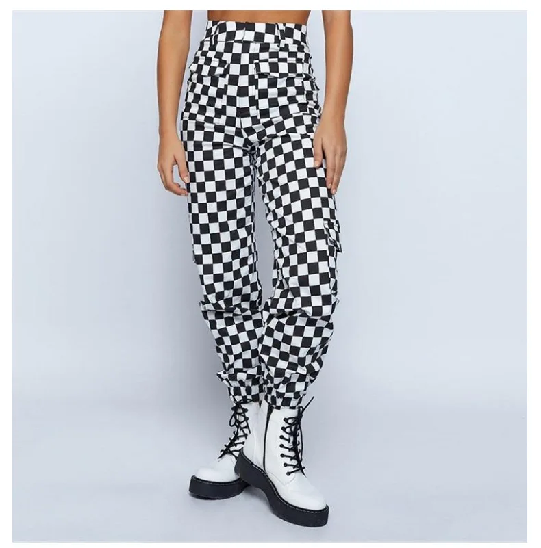 

2020 Women Fashion High Waist Plaid Pants Hip Hop Joggers Loose Pants Checkerboard Pantalon with Chain Female Plaid Trousers
