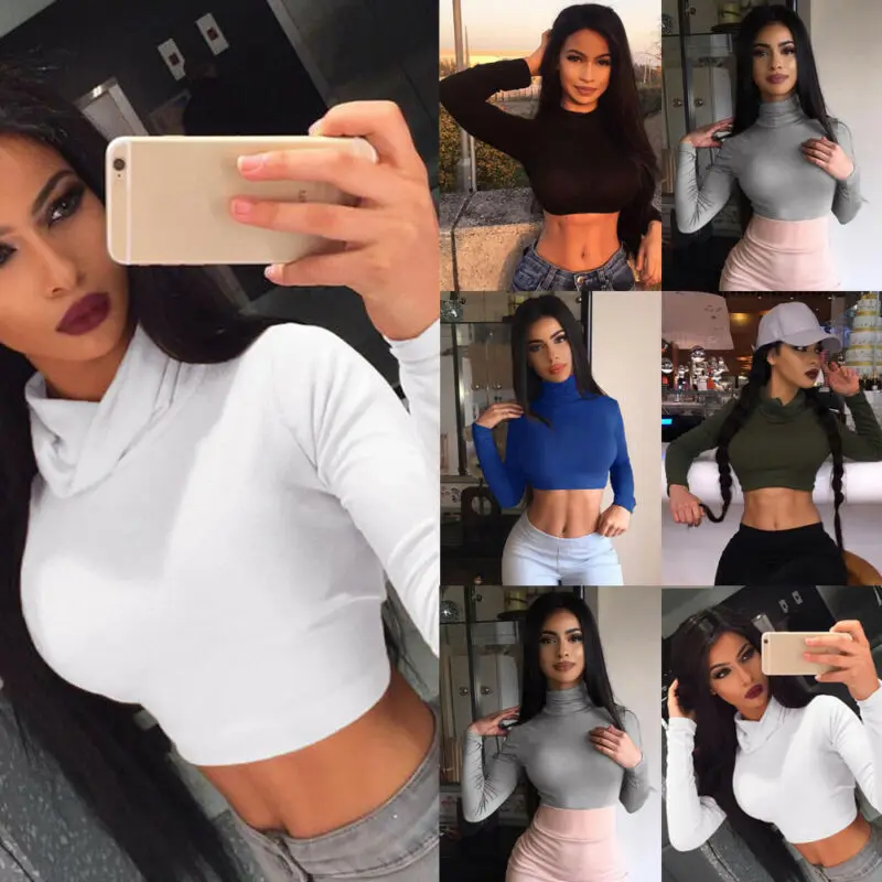 Женские укороченные женские топы с черепаховым вырезом и длинным рукавом