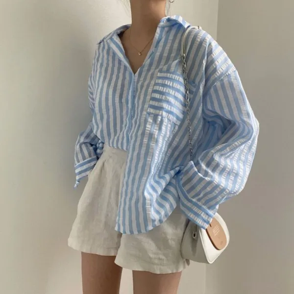 

2021 Korean Women Fashion Chic Striped Autumn Single Breasted Casual Shirts Vintage Turn-down Collar High Street Loose Blouses