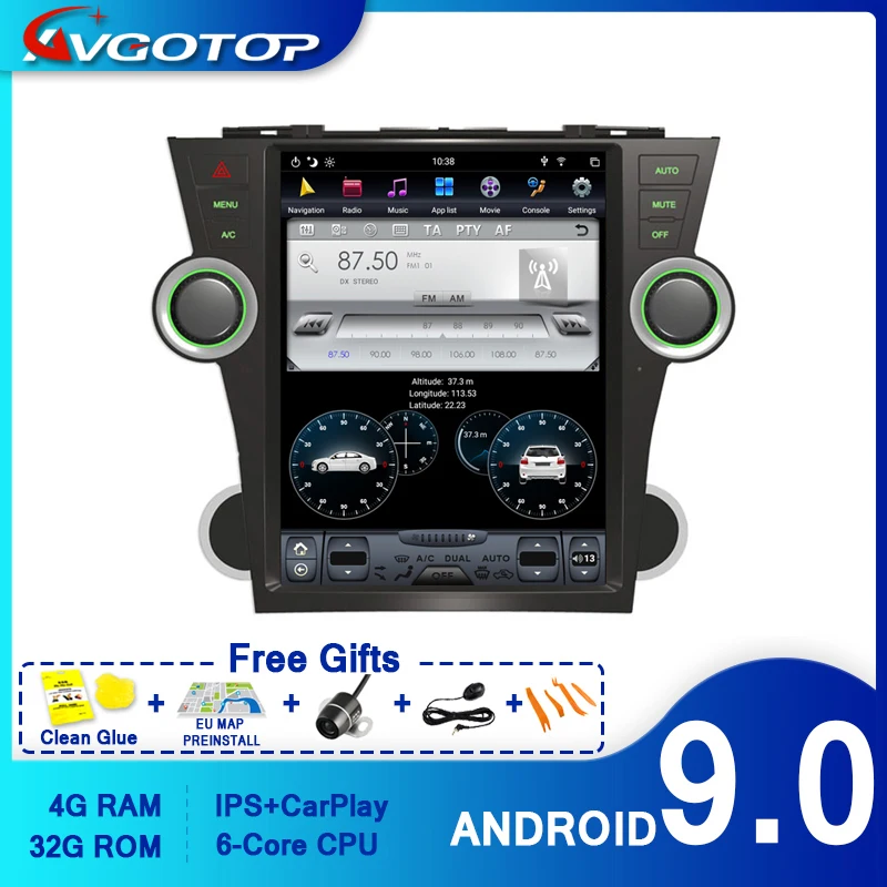 

AVGOTOP Android 9,0 Tesla DVD Автомобильный плеер для TOYOTA HIGHLANDER 2009-2012 6 ядер + 4 Гб + 32 ГБ IPS экран