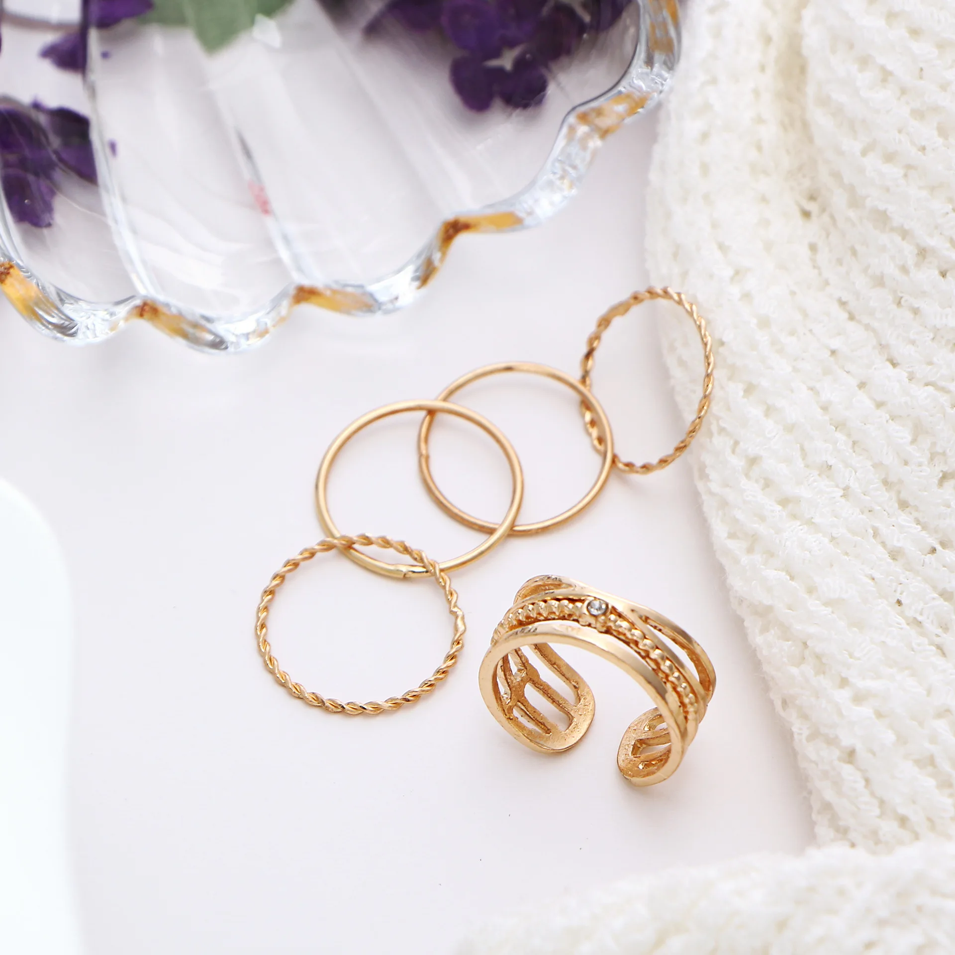 FENGLI Simple Four Layer Crystal Ring Sets Gold Thin Hand Finger Rings for Women Fashion Men Jewelry Toe | Украшения и аксессуары