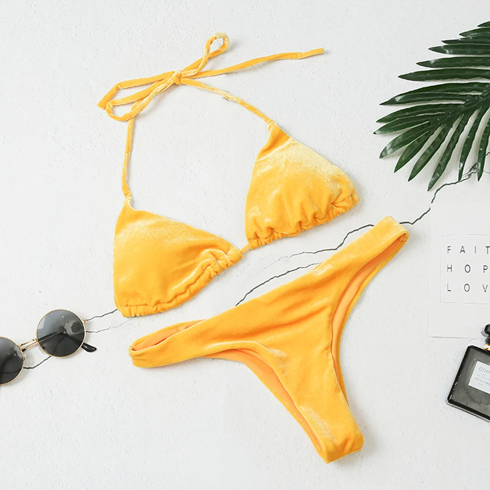 Бархатные бикини для женщин 2019 бразильский купальник однотонный купальный