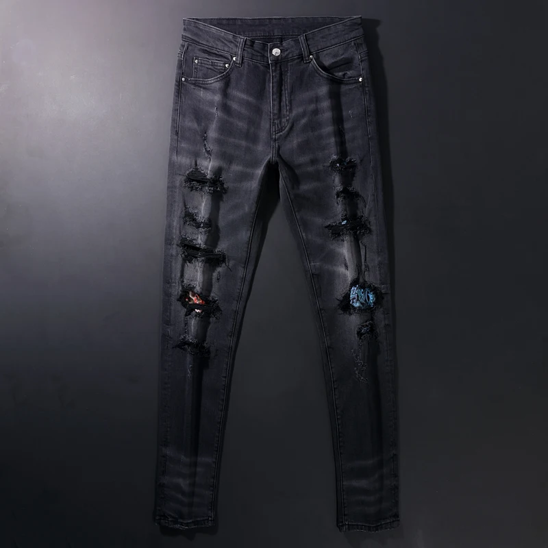 American Street Fashion Men Jeans Retro Black Gray Elastic Slim Fit Ripped Jeans Men Patches Designer Hip Hop Denim Punk Pants