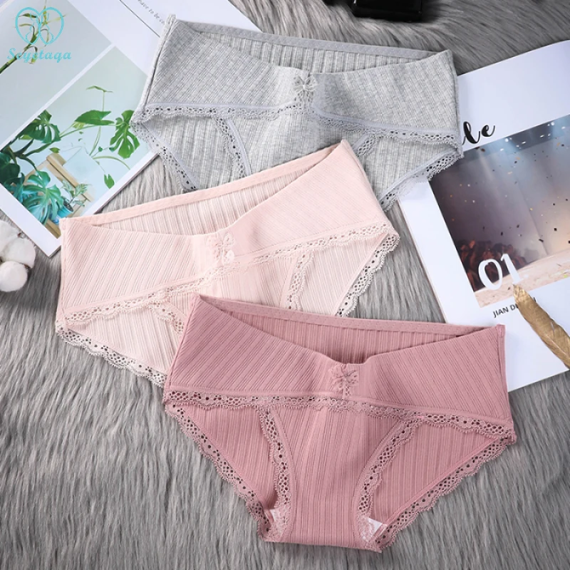 

5547# 2PCS Rib Stretch Cotton Maternity Panties with Lace Low Waist Belly Underwear Clothes for Pregnant Women Pregnancy Briefs