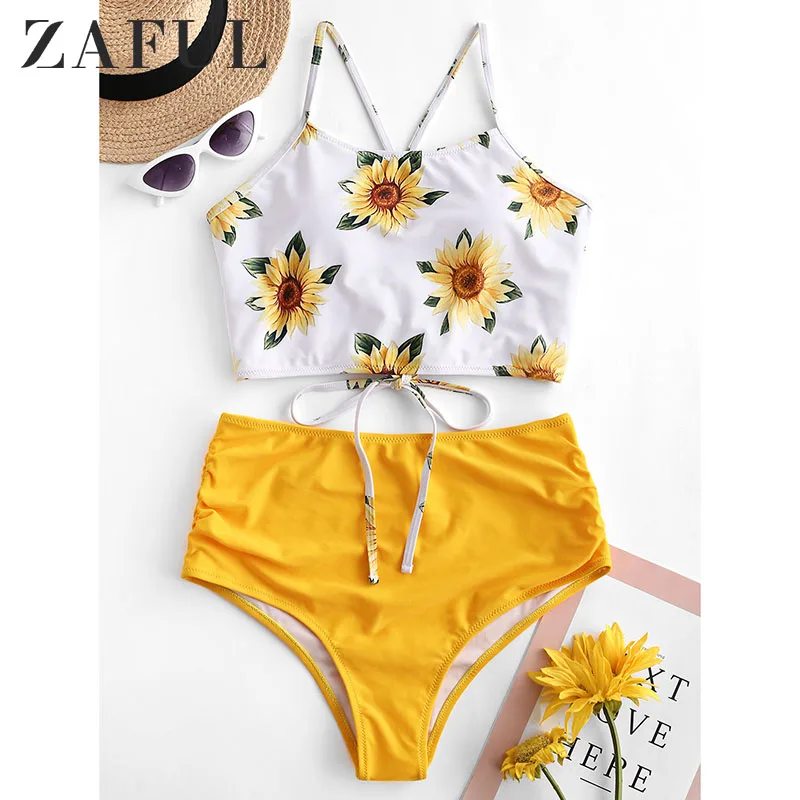 ZAFUL, бикини, с рюшами, Подсолнух, с накладным слоем, танкини, набор, с вырезами, на тонких бретелях, купальник для женщин, сексуальный купальник, пуш-ап, бикини для женщин