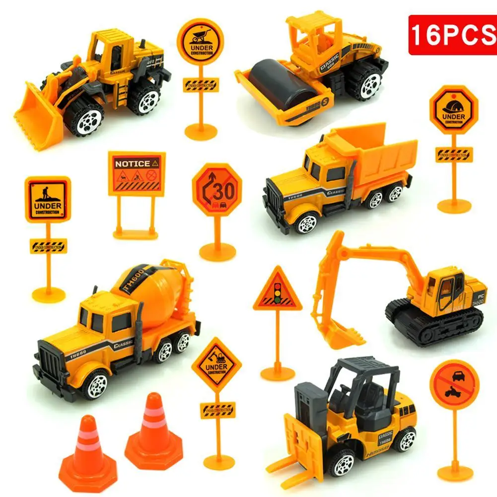 

16Pcs/Set Mini Excavator Engineering Car Vehicle Road Sign Model Kids Toy Gift