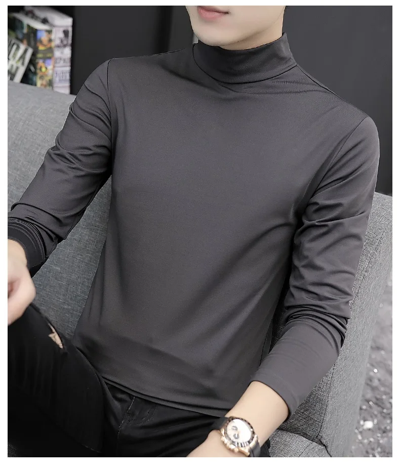 

han Long sleeve t-shirt men's fashion half high collar solid color bottomed shirt men's top autumn coat Plush T-shirt