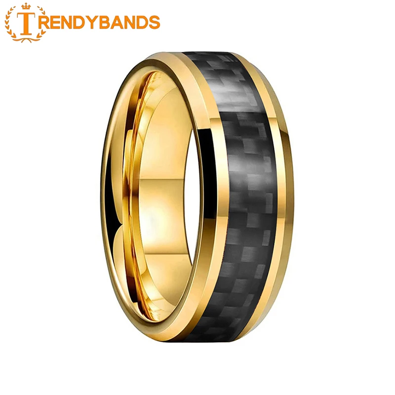 

Желто-золотистый вольфрамовый свадебный браслет для мужчин и женщин с черной вставкой из углеродного волокна 8 мм удобная посадка