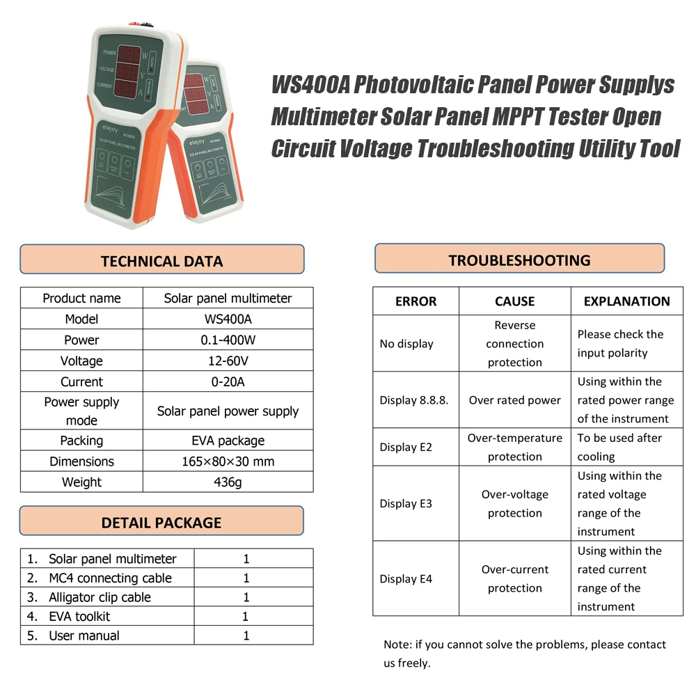 Фотоэлектрические панели WS400A источник питания мультиметр панель солнечных