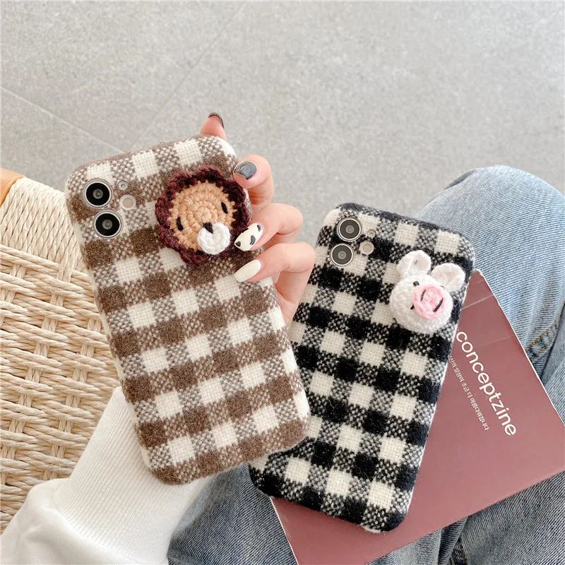 Теплый фланелевый тканевый чехол в клетку для телефона Iphone 11 Pro X Xr Розовый 3D